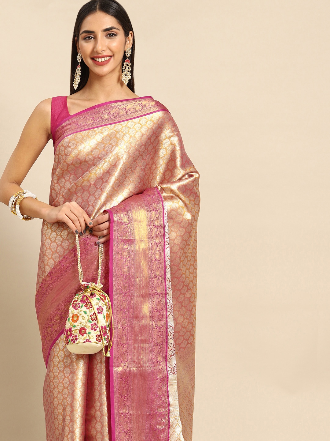 

Anouk Ethnic Motifs Zari Silk Blend Kanjeevaram Saree, Pink