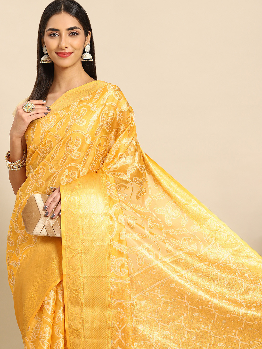 

Anouk Ethnic Motifs Zari Silk Blend Kanjeevaram Saree, Yellow