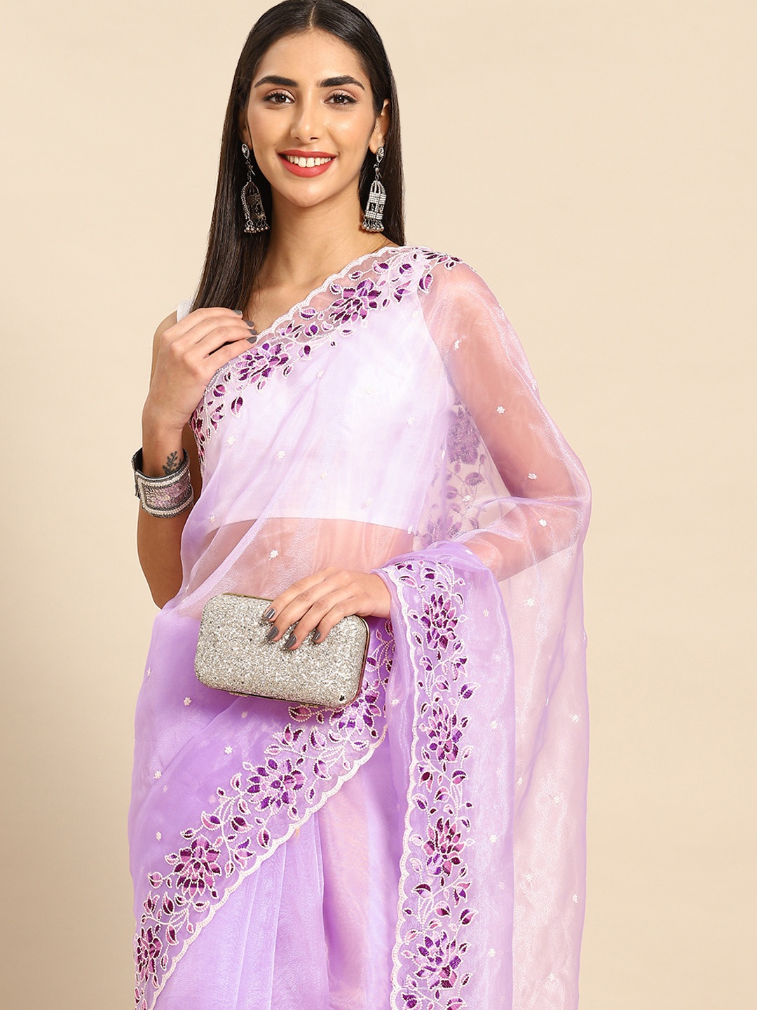 

Anouk Floral Embroidered Organza Saree, Lavender