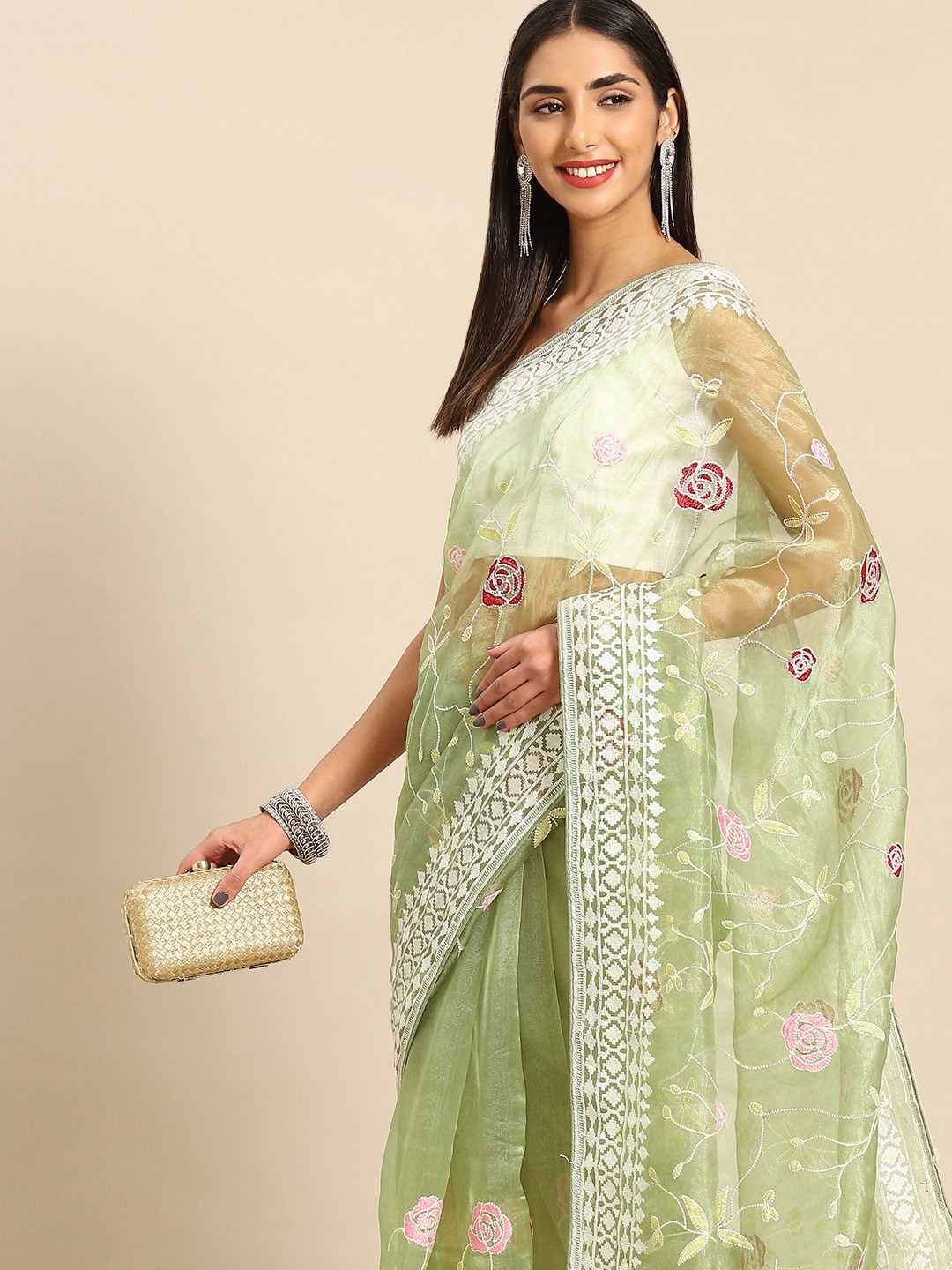 

Anouk Floral Embroidered Organza Saree, Green