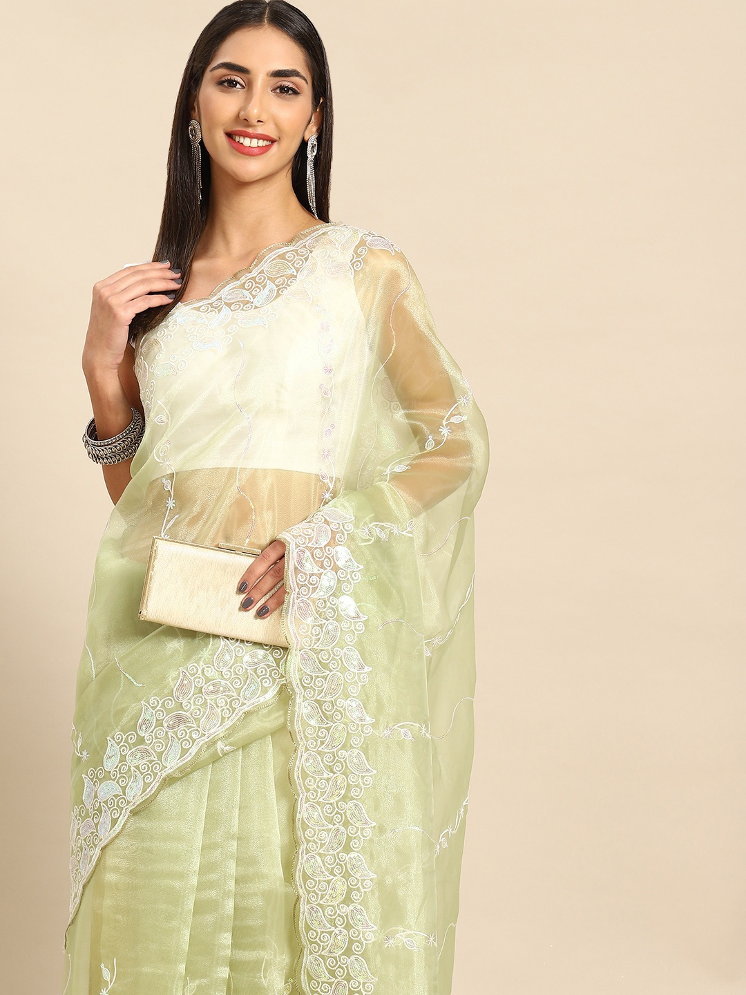 

Anouk Floral Sequinned Organza Saree, Green