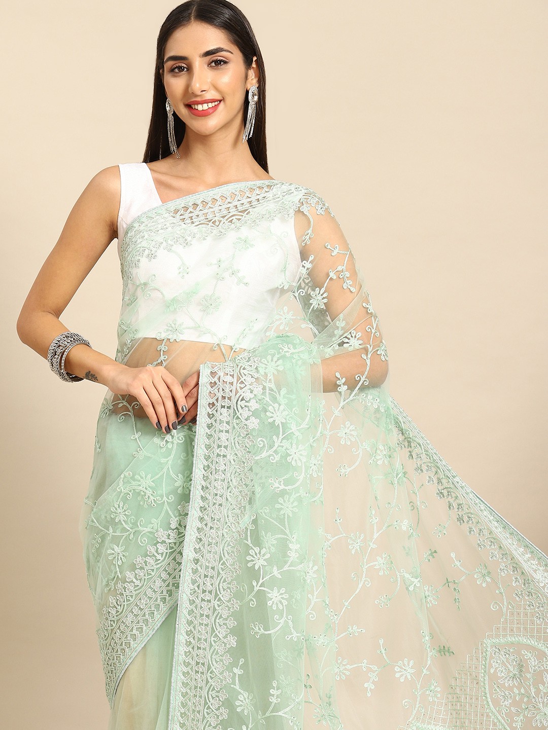 

Anouk Floral Sequinned Net Saree, Green