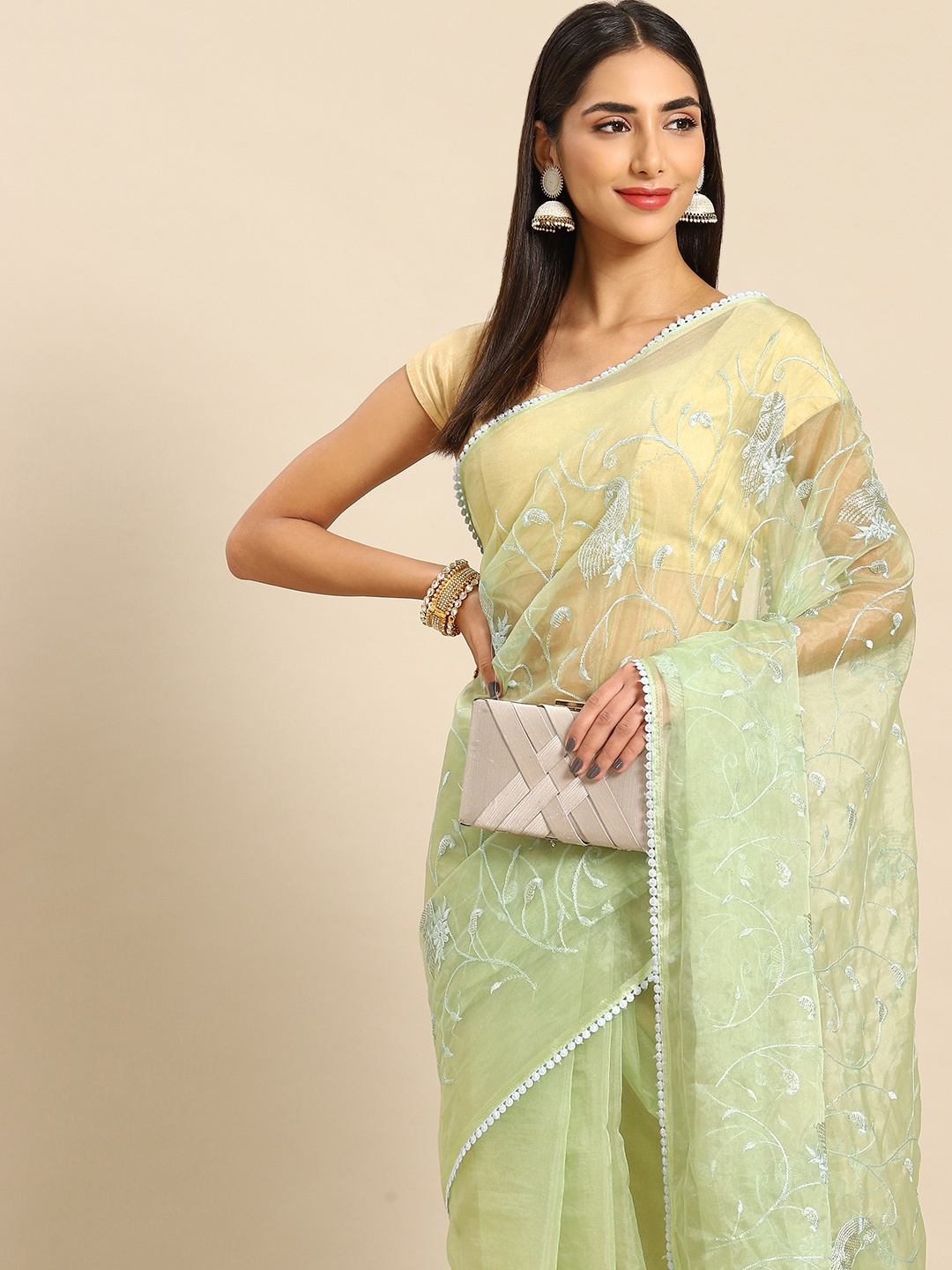 

Anouk Floral Sequinned Organza Saree, Green