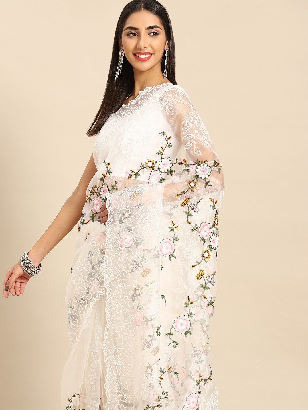 

Anouk Floral Embroidered Organza Saree, White