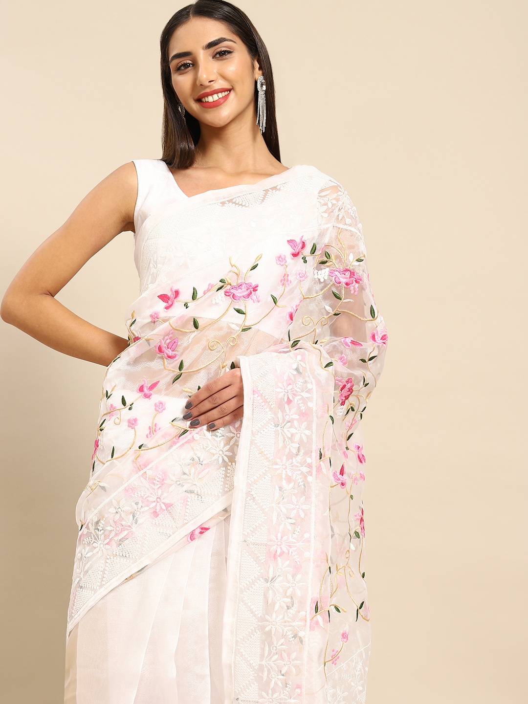 

Anouk Floral Embroidered Organza Saree, White