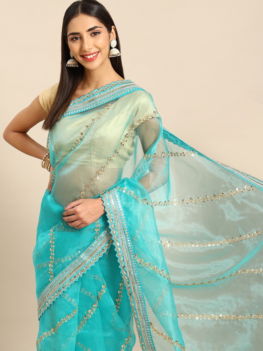 

Anouk Leheriya Sequinned Organza Saree, Teal