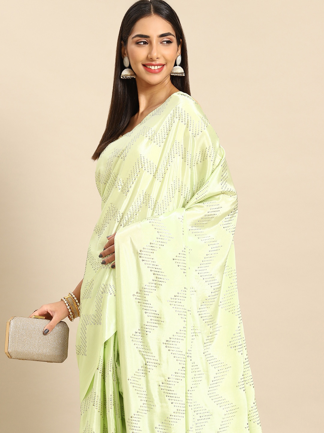 

Anouk Beads & Stones Satin Saree, Green