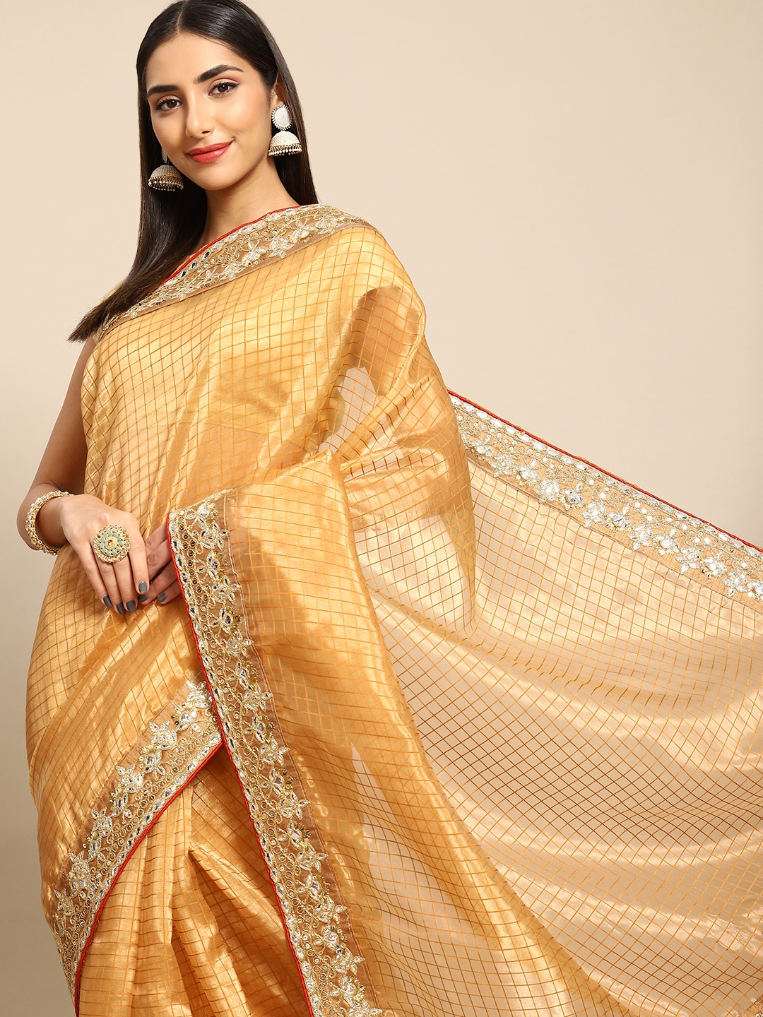 

Anouk Woven Design Sequinned Organza Saree, Tan