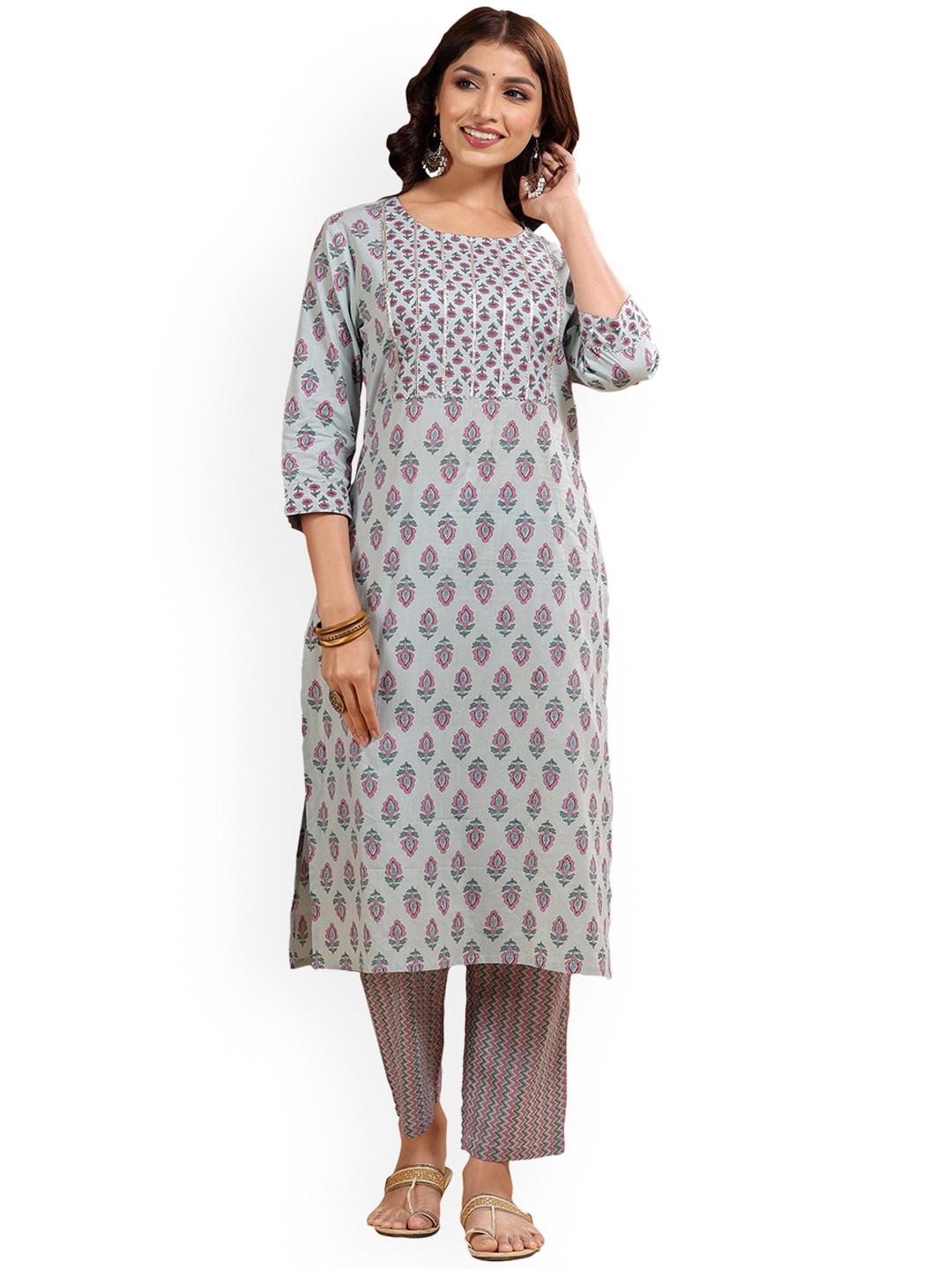 

The Kurta Express Women Floral Printed Pure Cotton Kurta with Trousers, Blue