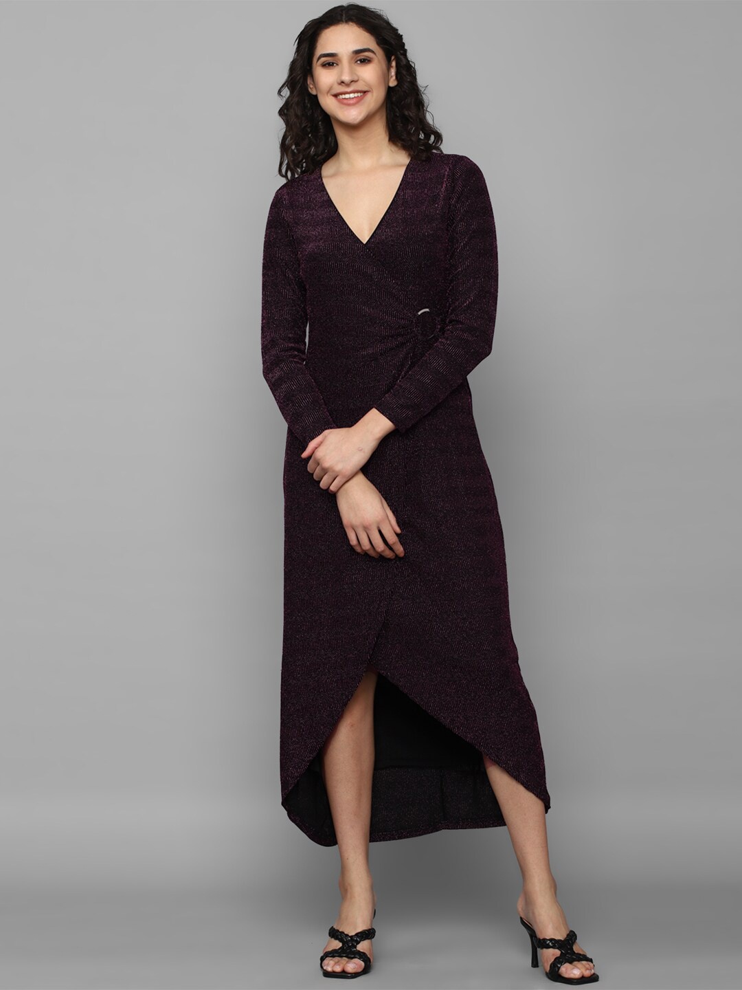 

Allen Solly Woman Long Sleeves Gathered Detailed Tulip Hemline Midi Wrap Dress, Purple