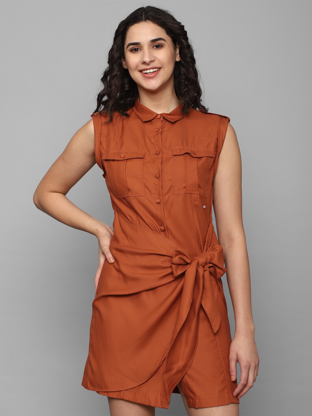 

Allen Solly Woman Tie-Up Detailed Sleeveless Shirt Dress, Rust