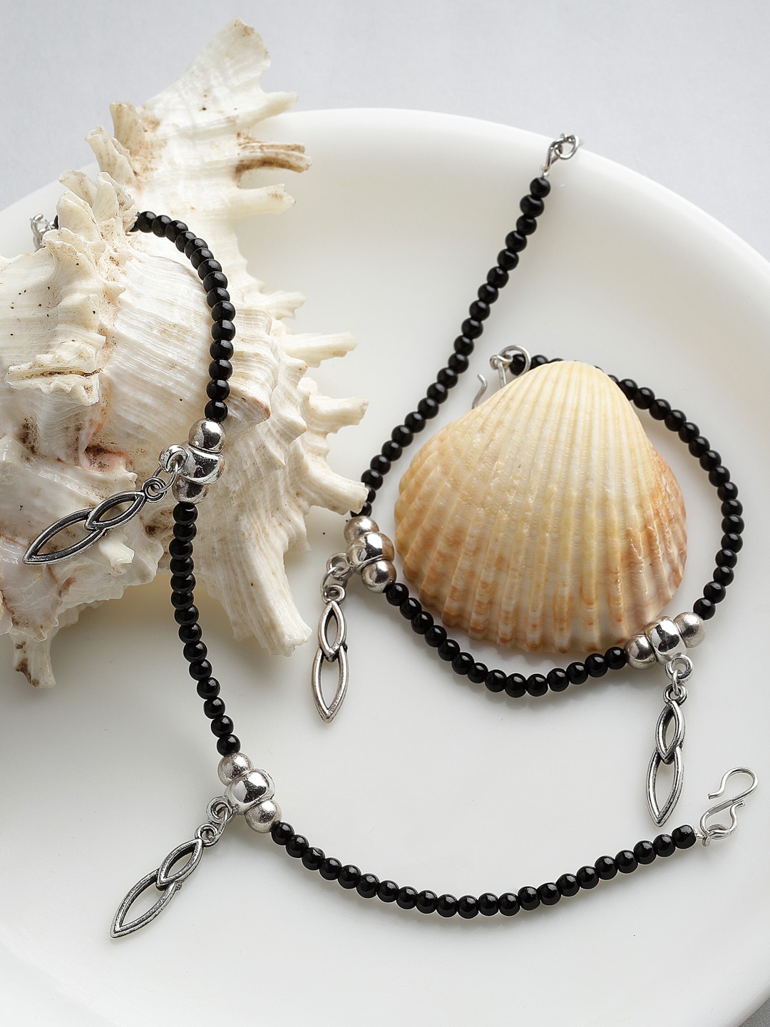 

PANASH Set Of 2 Oxidized Silver-Plated Beaded Anklets