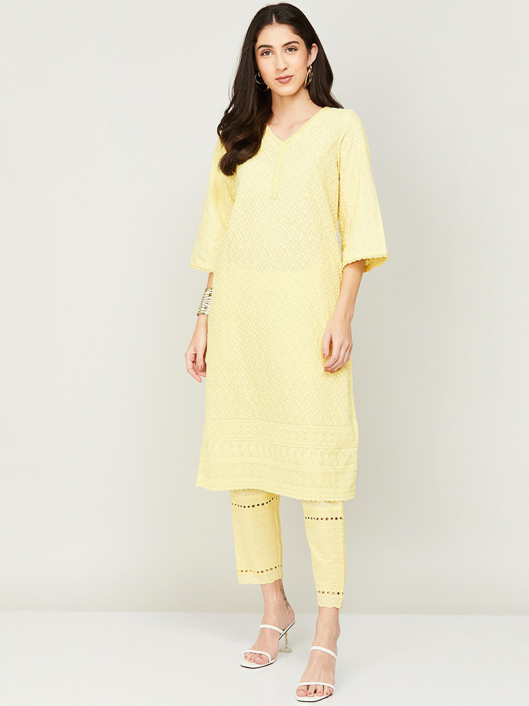 

Melange by Lifestyle Women Floral Embroidered Thread Work Pure Cotton Kurta with Trousers, Yellow