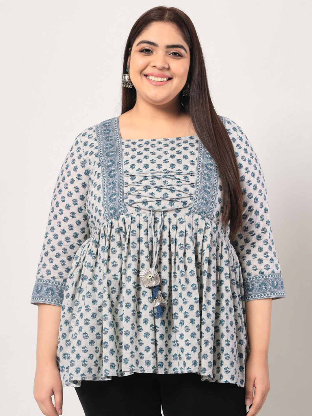 

KBZ Plus Size Ethnic Printed Cotton Empire Top, Off white
