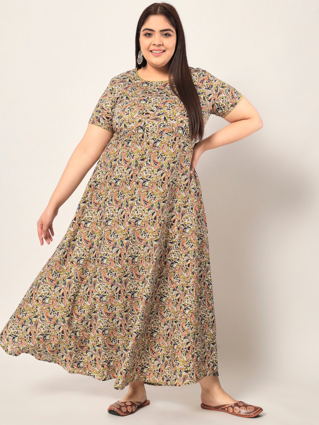 

KBZ Plus Size Ethnic Motifs Maxi Cotton Dress, Olive