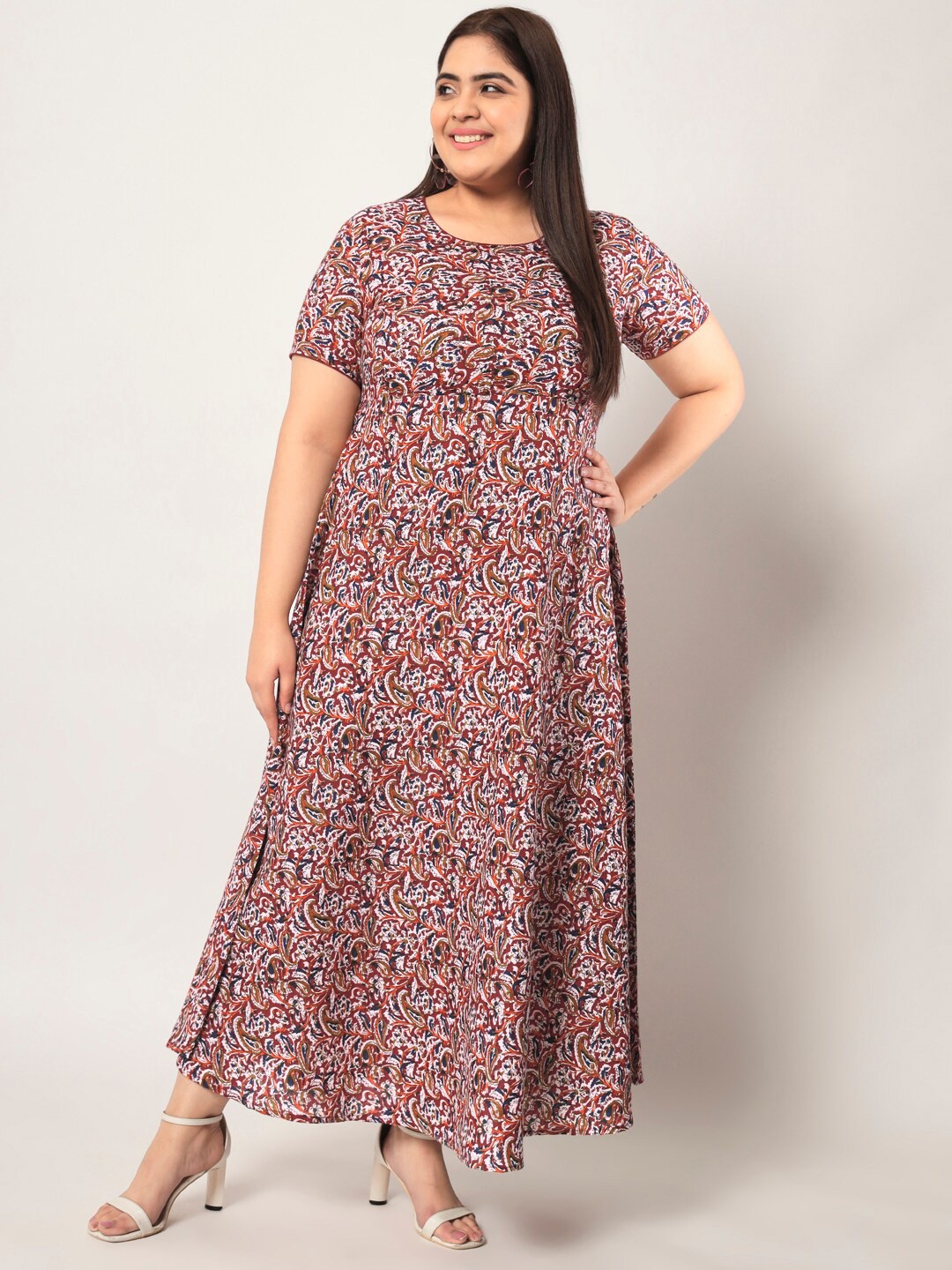 

KBZ Plus Size Ethnic Motifs Maxi Cotton Dress, Maroon