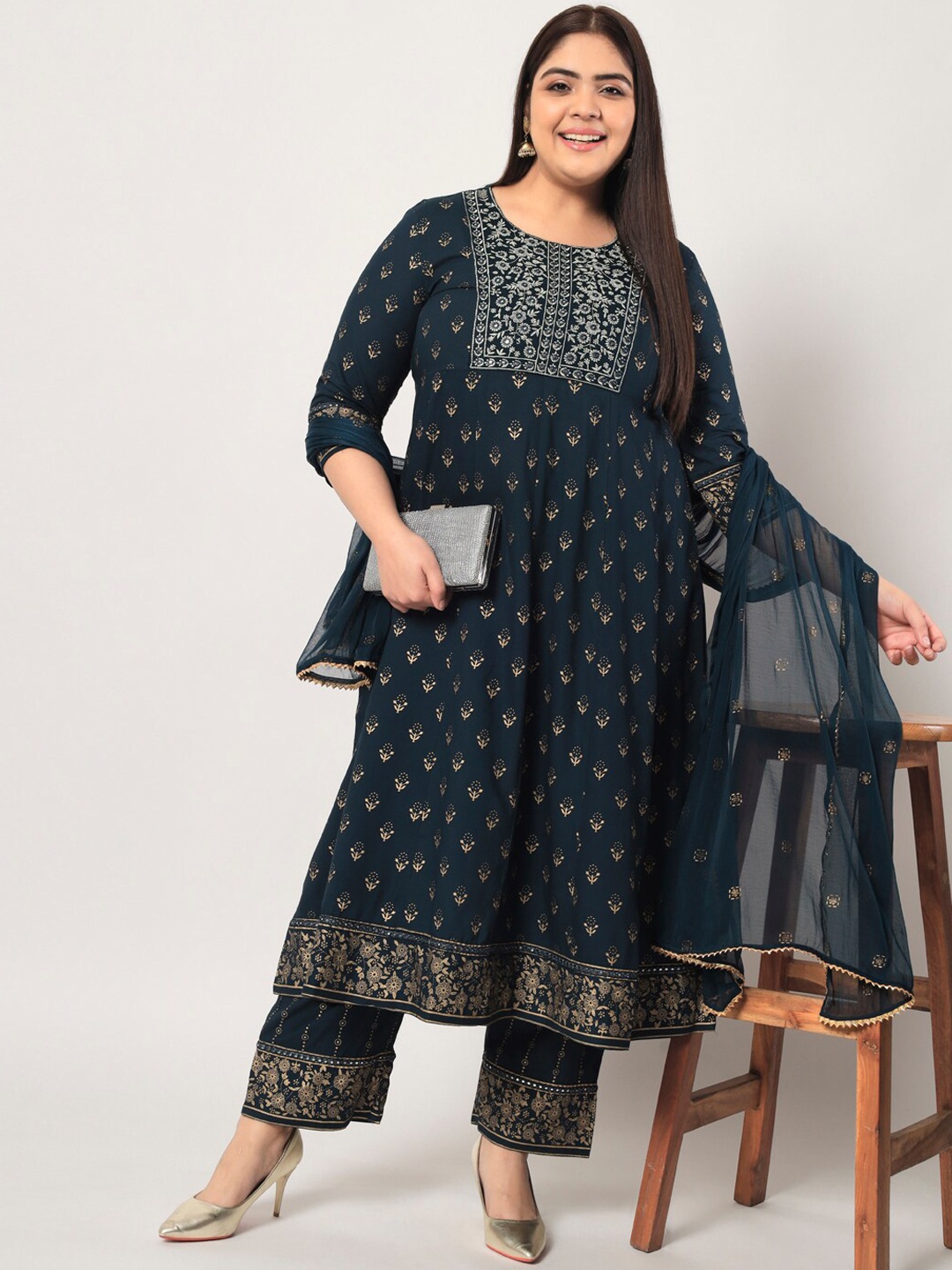 

KBZ Women Plus Size Floral Printed Mirror Work Kurta With Palazzos & Dupatta, Teal