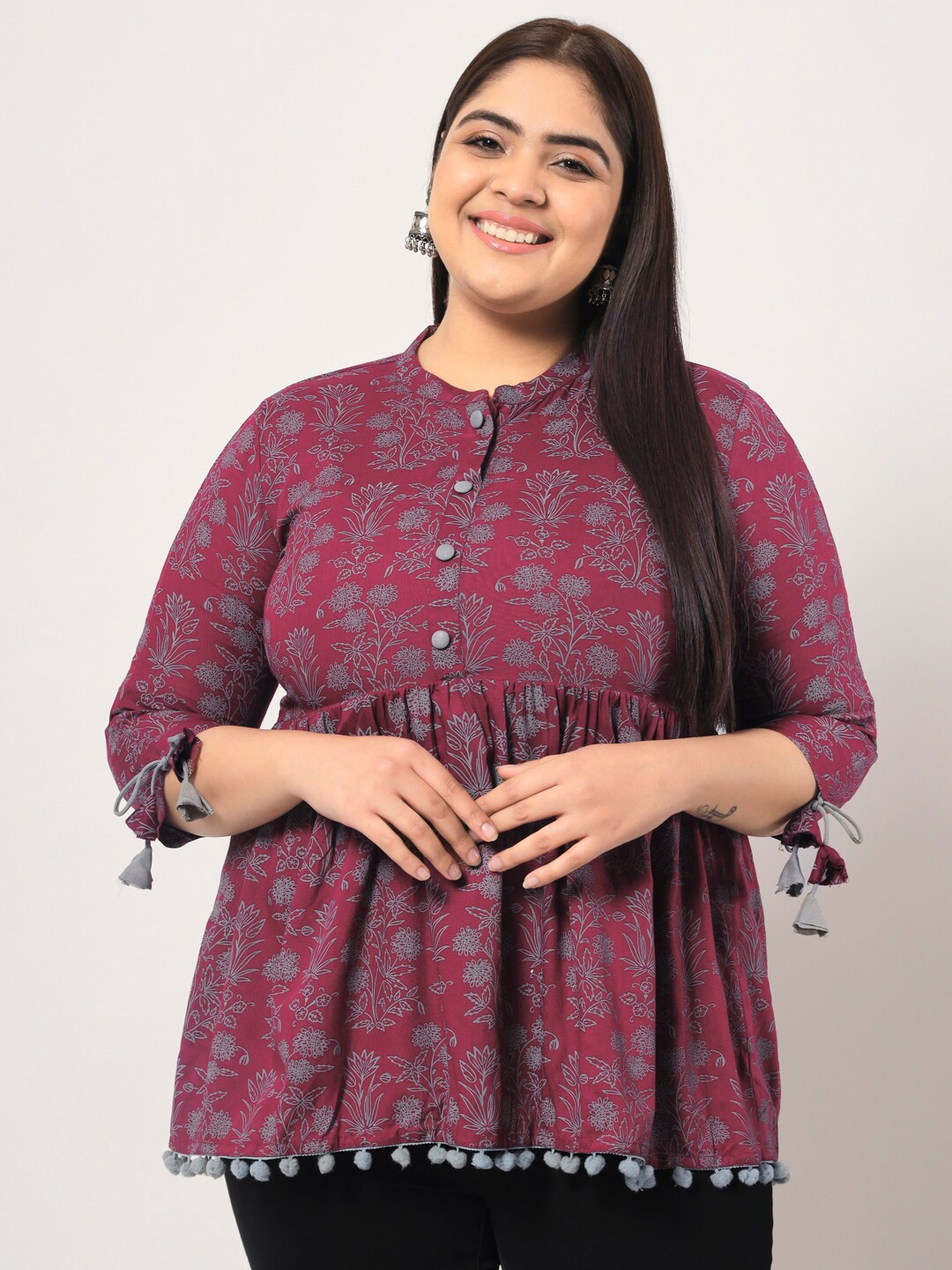 

KBZ Plus Size Floral Printed Mandarin Collar Empire Top, Burgundy