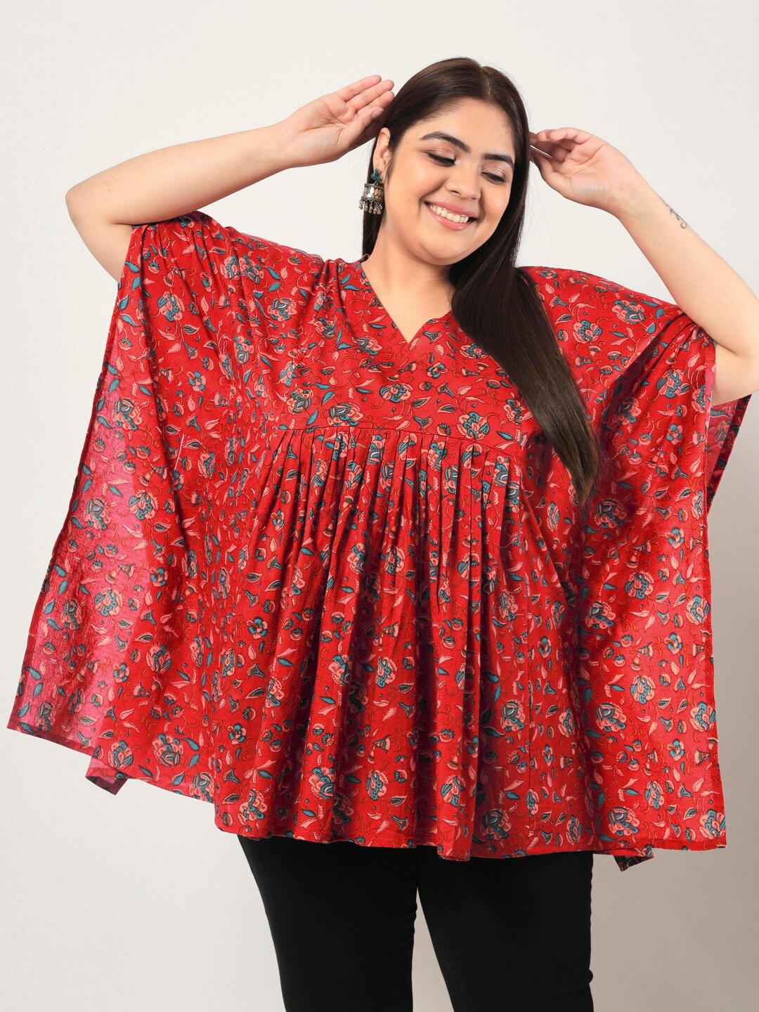 

KBZ Plus Size Floral Printed Kaftan Top, Red