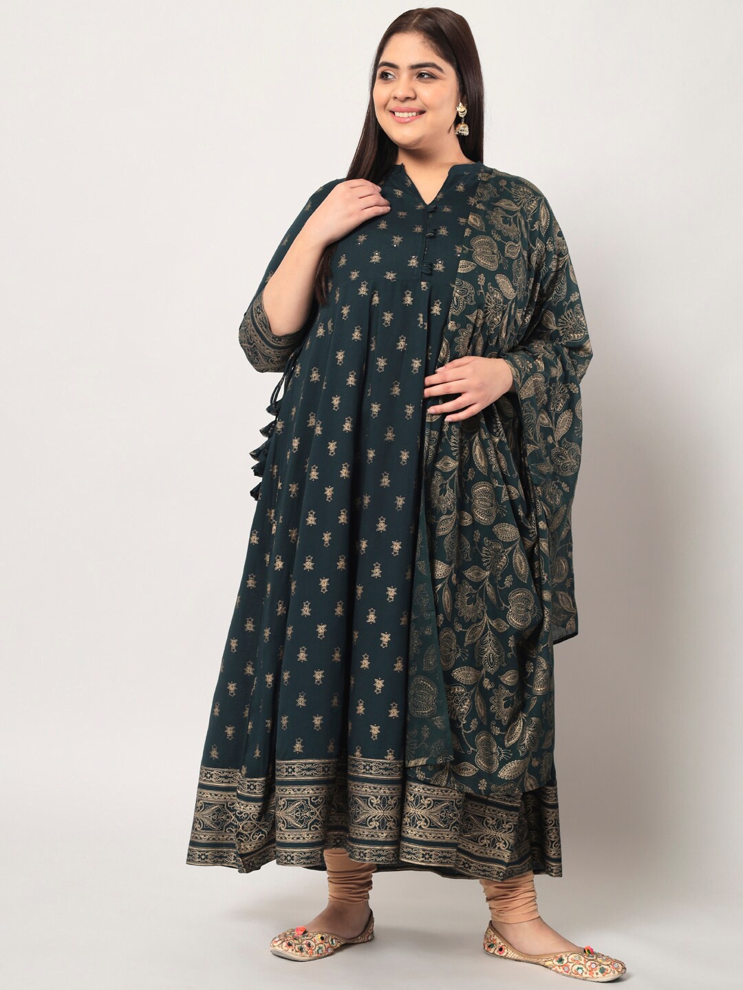 

KBZ Women Plus Size Floral Printed Anarkali Kurta With Dupatta, Green