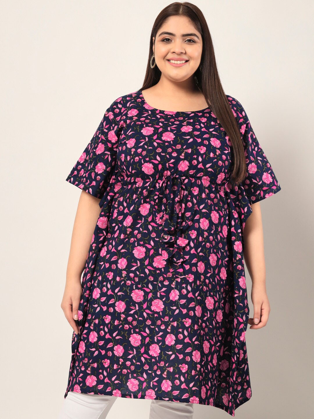 

KBZ Women Plus Size Floral Printed Pure Cotton Kaftan Kurta, Blue