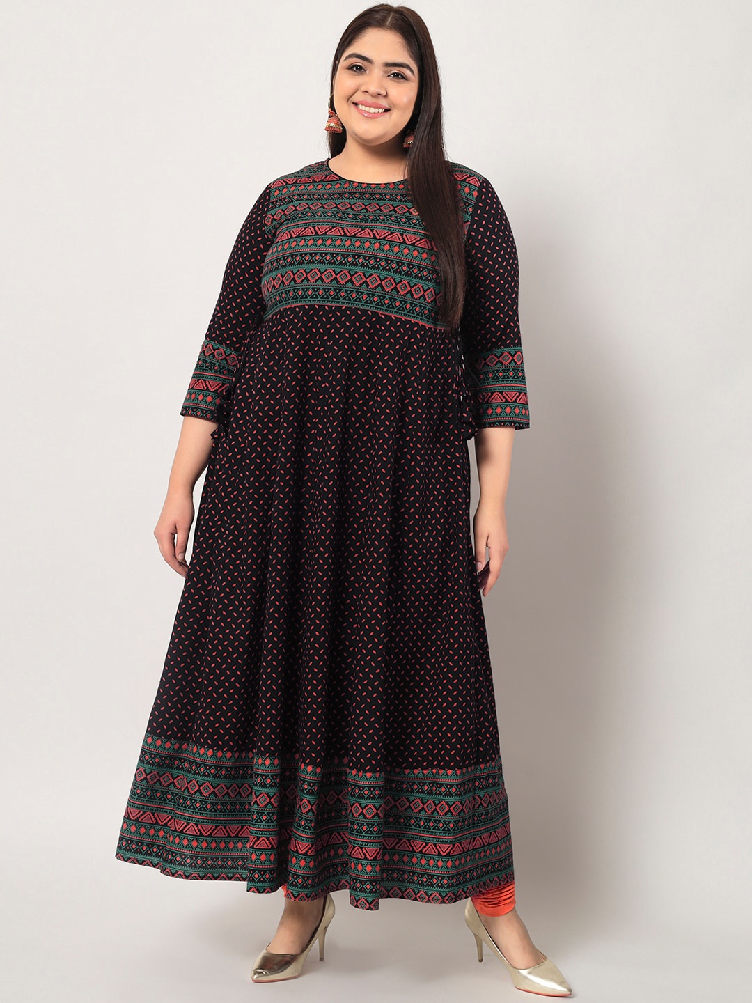 

KBZ Plus Size Geometric Printed Anarkali Kurta, Black