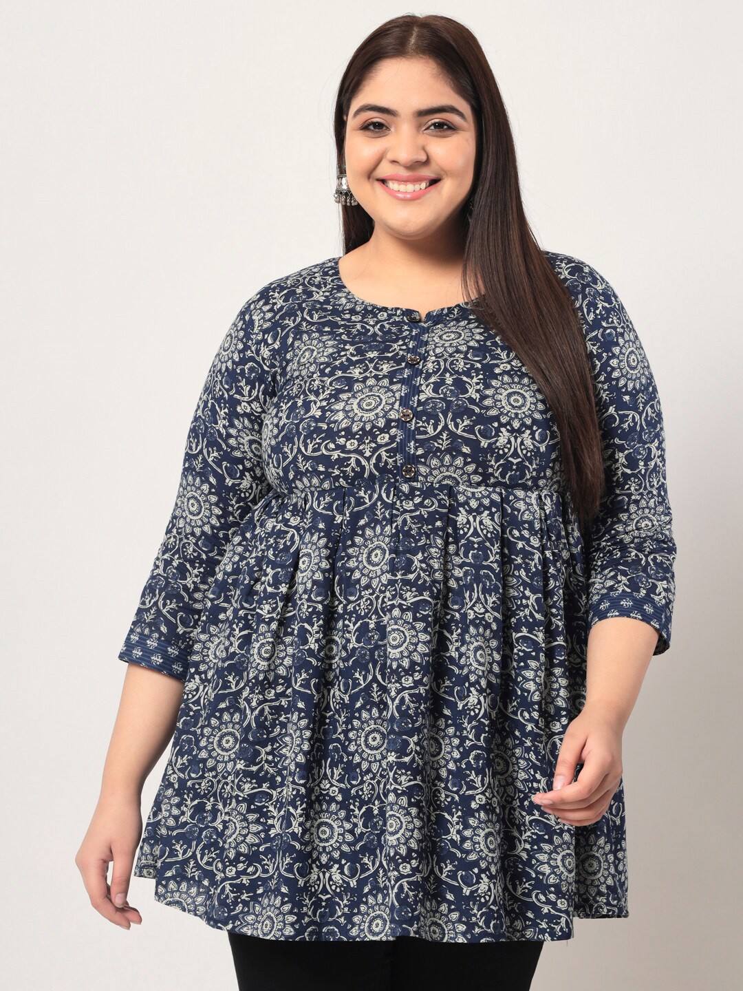 

KBZ Plus Size Floral Printed Empire Cotton Top, Navy blue
