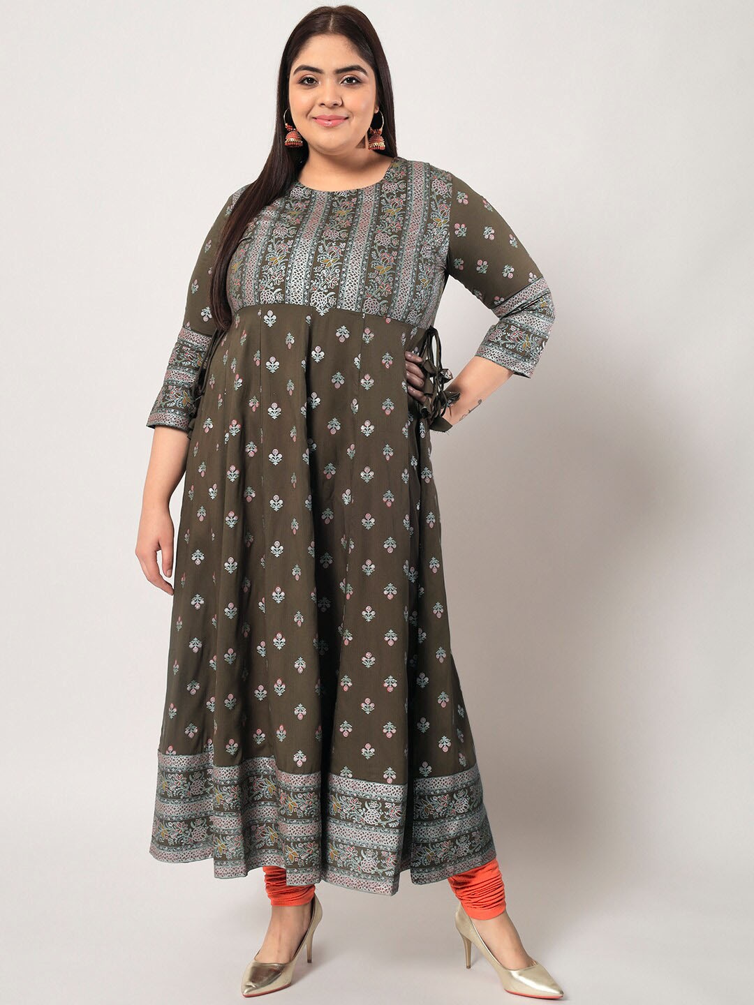 

KBZ Women Plus Size Ethnic Motifs Printed Indie Prints Anarkali Kurta, Olive