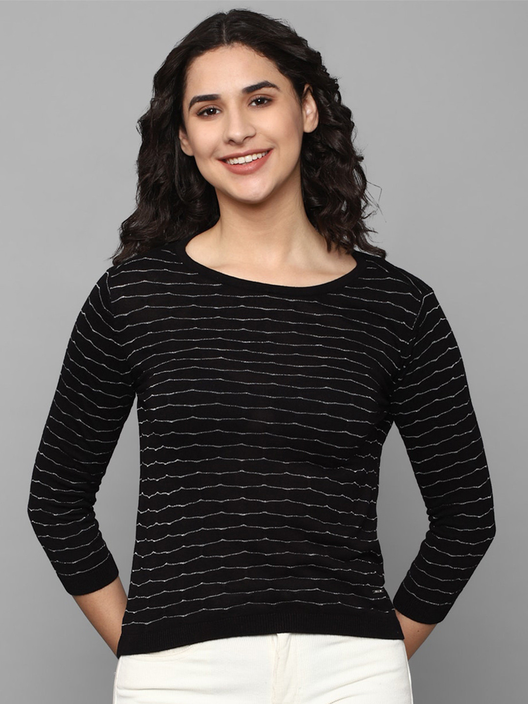 

Allen Solly Woman Striped Round Neck Top, Black