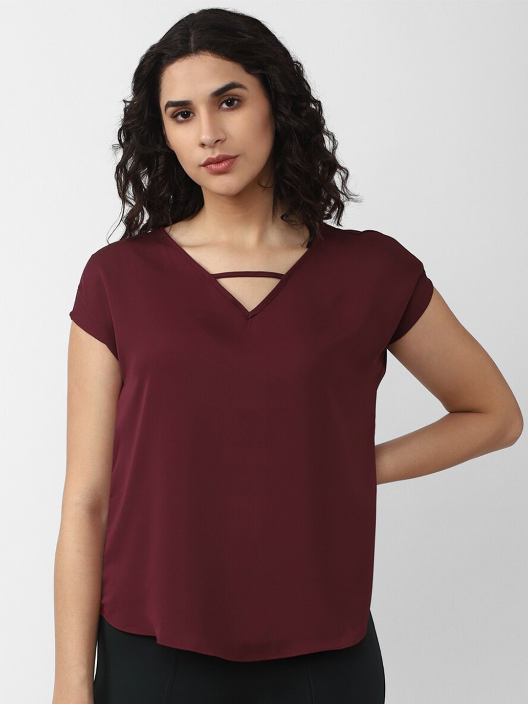 

Van Heusen Woman Solid Short Sleeves V- Neck Top, Maroon