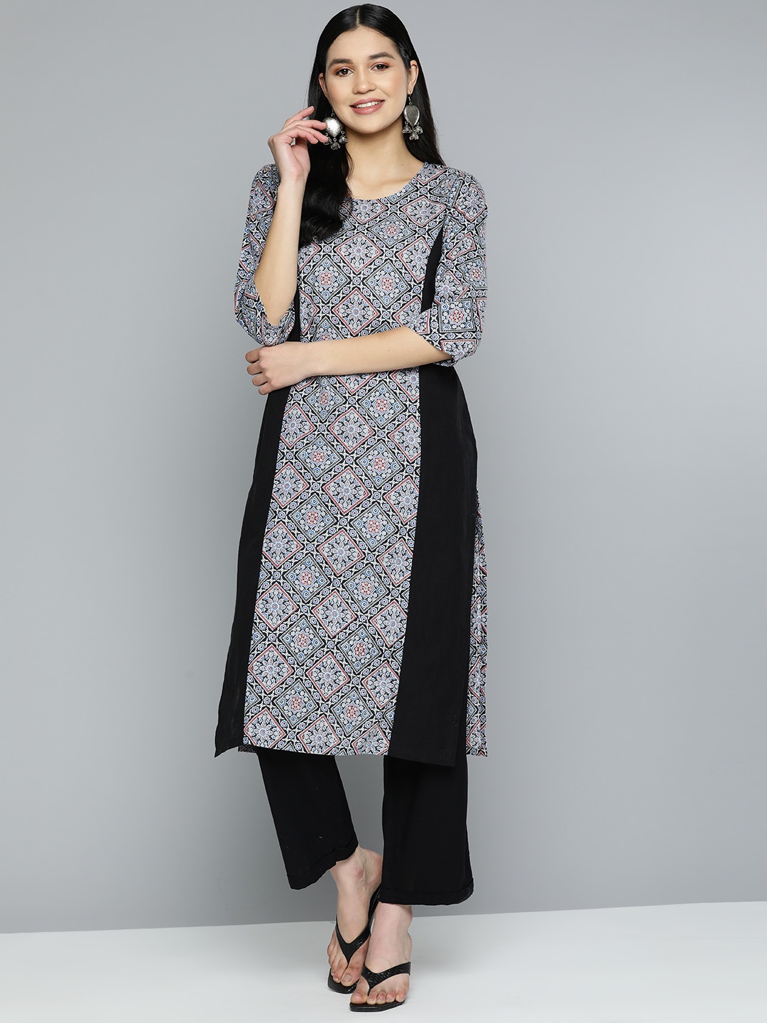 

HERE&NOW Women Ethnic Motifs Printed Kurta, Black