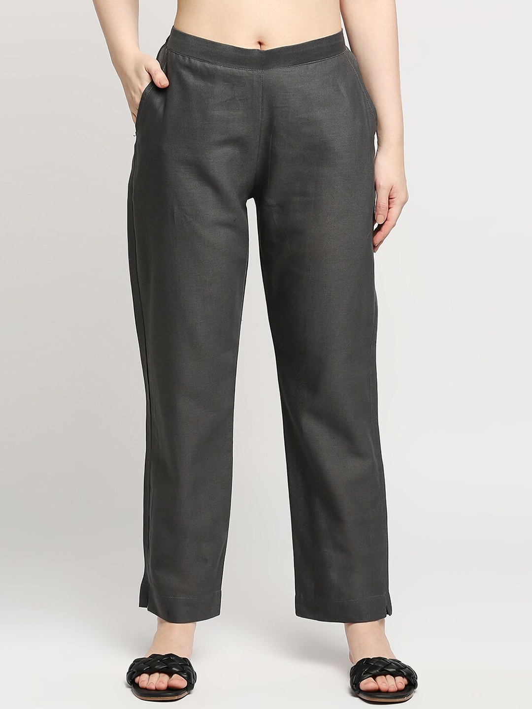 

ZRI Women High-Rise Cotton Parallel Trousers, Grey