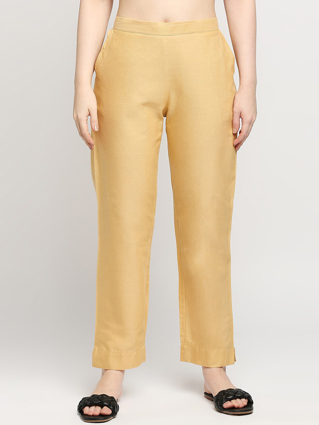 

ZRI Women High-Rise Plain Cotton Trousers, Beige