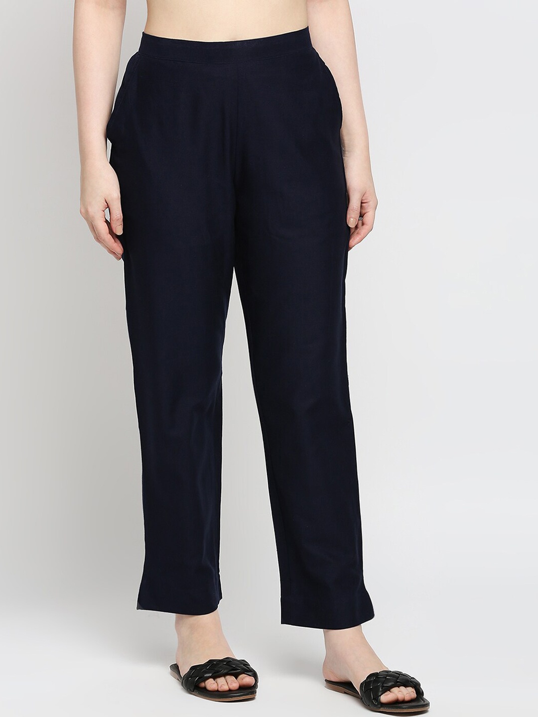 

ZRI Women High-Rise Cotton Trousers, Navy blue
