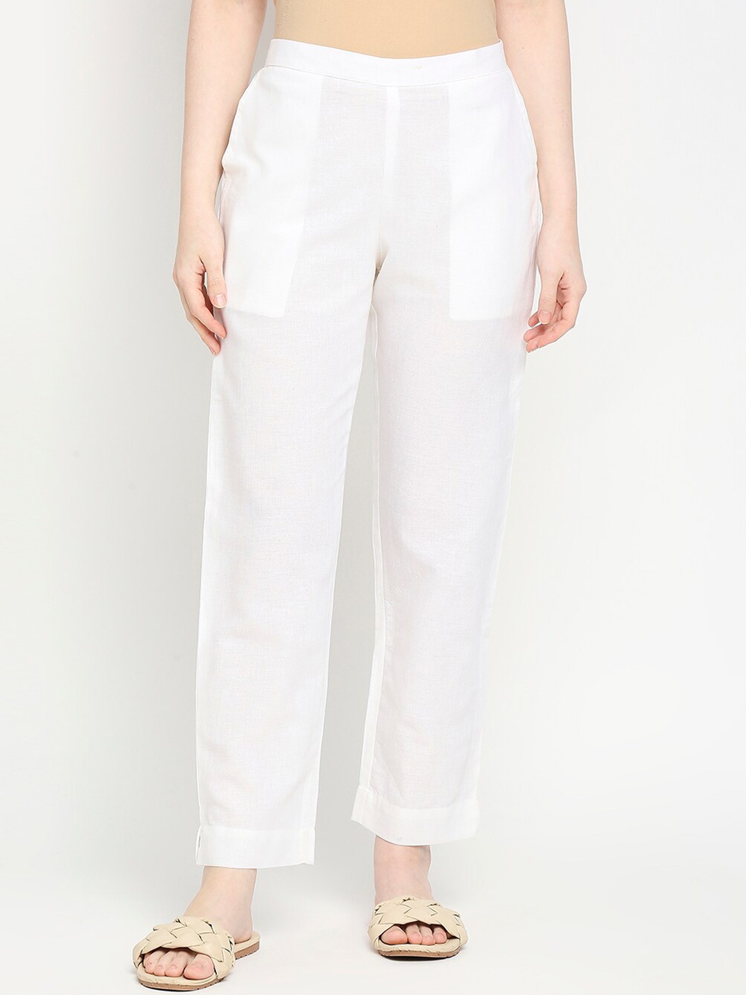

ZRI Women High-Rise Cotton Trousers, White