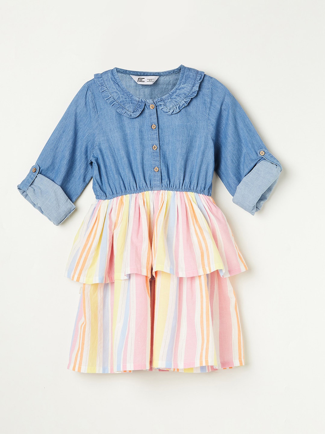 

Fame Forever by Lifestyle Girls Striped Peter Pan Collar Layered Cotton Fit & Flare Dress, Blue