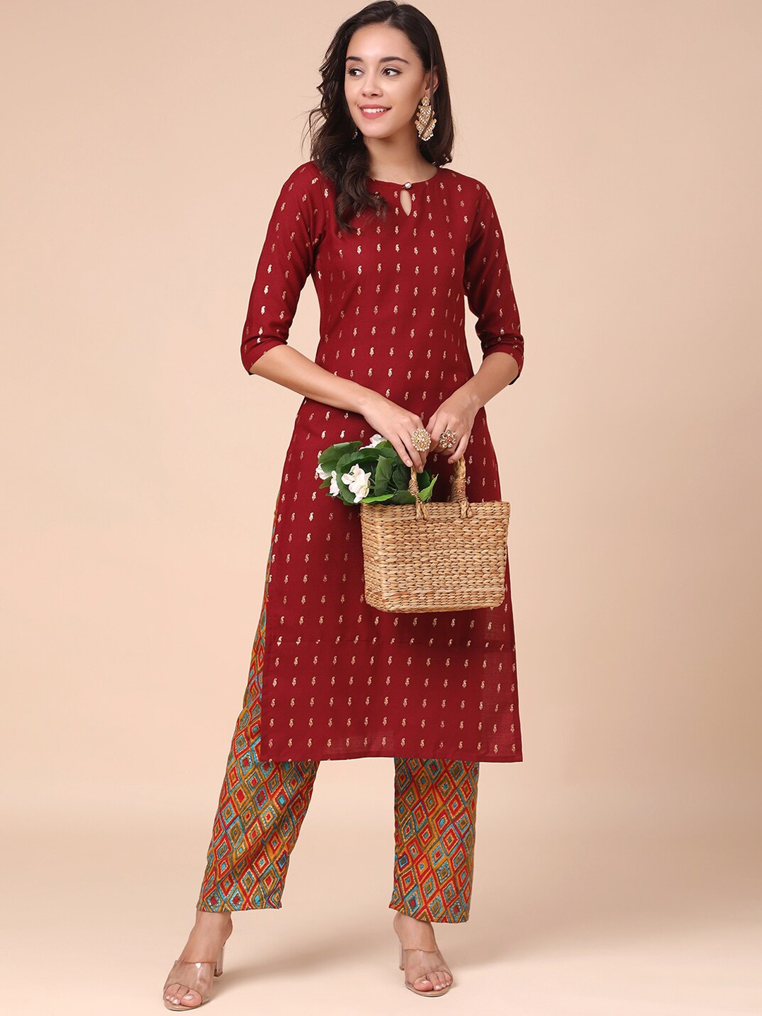 

J Turritopsis Maroon Ethnic Motifs Printed Kurta with Palazzos