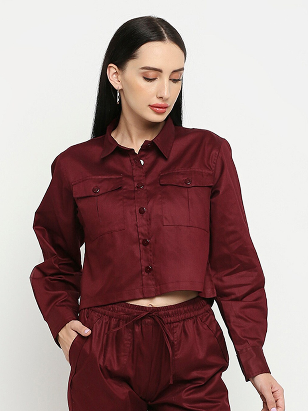 

Remanika Women Comfort Cotton Casual Crop Shirt, Maroon