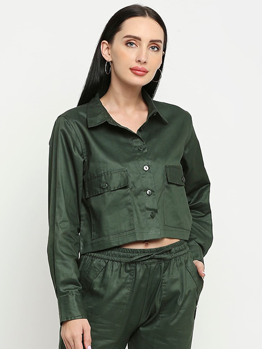 

Remanika Women Comfort Cotton Casual Crop Shirt, Green