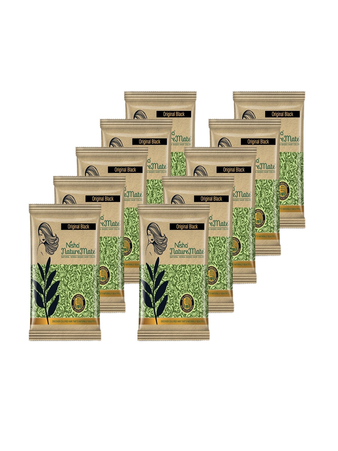 

Nisha Set Of 10 Nature Mate Henna Based Hair Color Powder 10 g Each - Natural Black