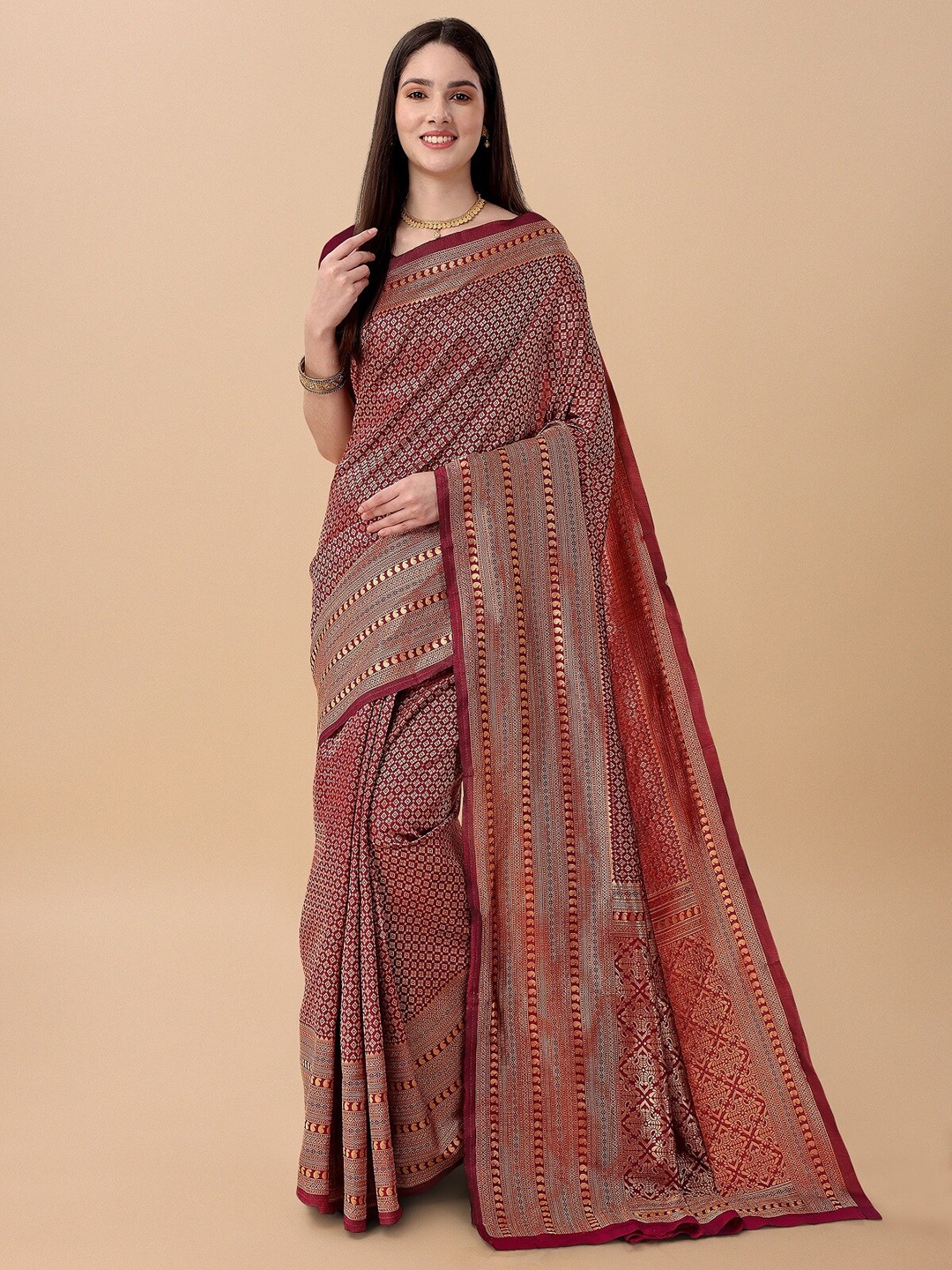 

ZIKARAA Ethnic Motifs Zari Pure Silk Banarasi Saree, Maroon