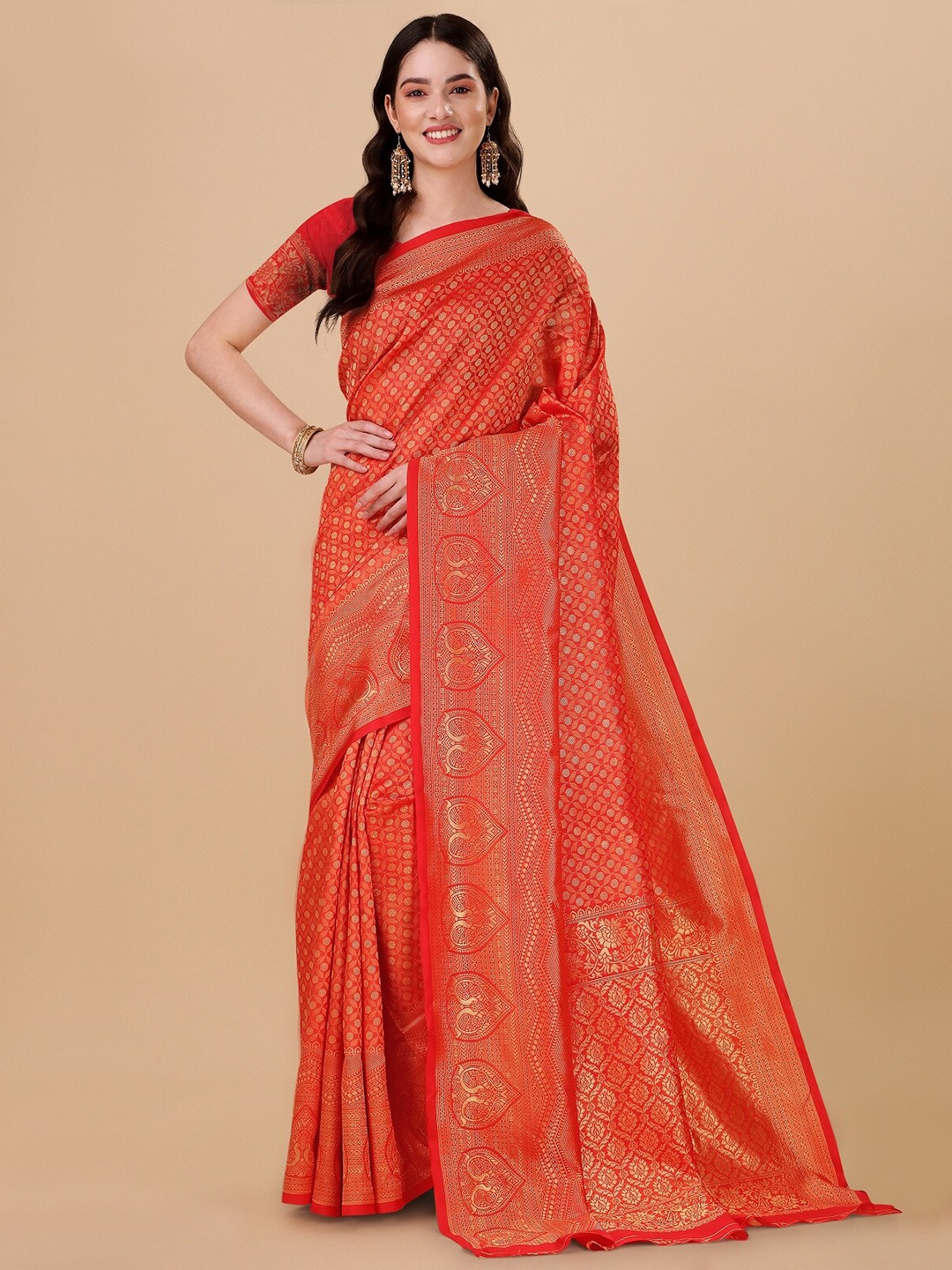 

ZIKARAA Ethnic Motifs Zari Pure Silk Banarasi Saree, Red