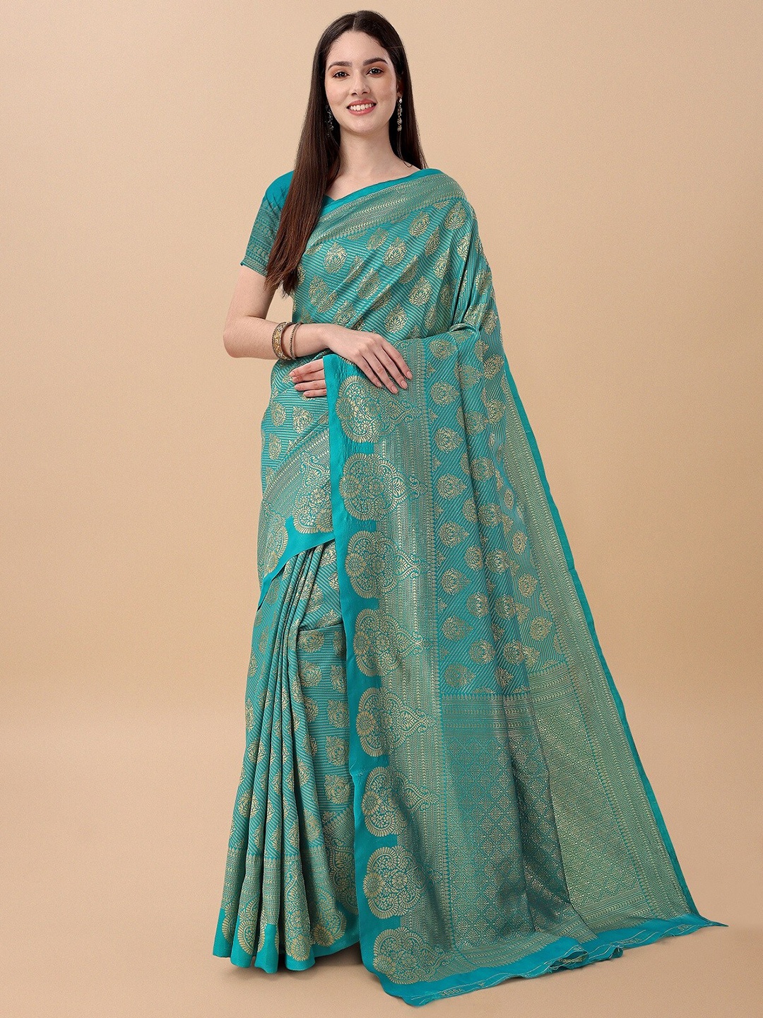 

ZIKARAA Ethnic Motifs Zari Pure Silk Banarasi Saree, Turquoise blue