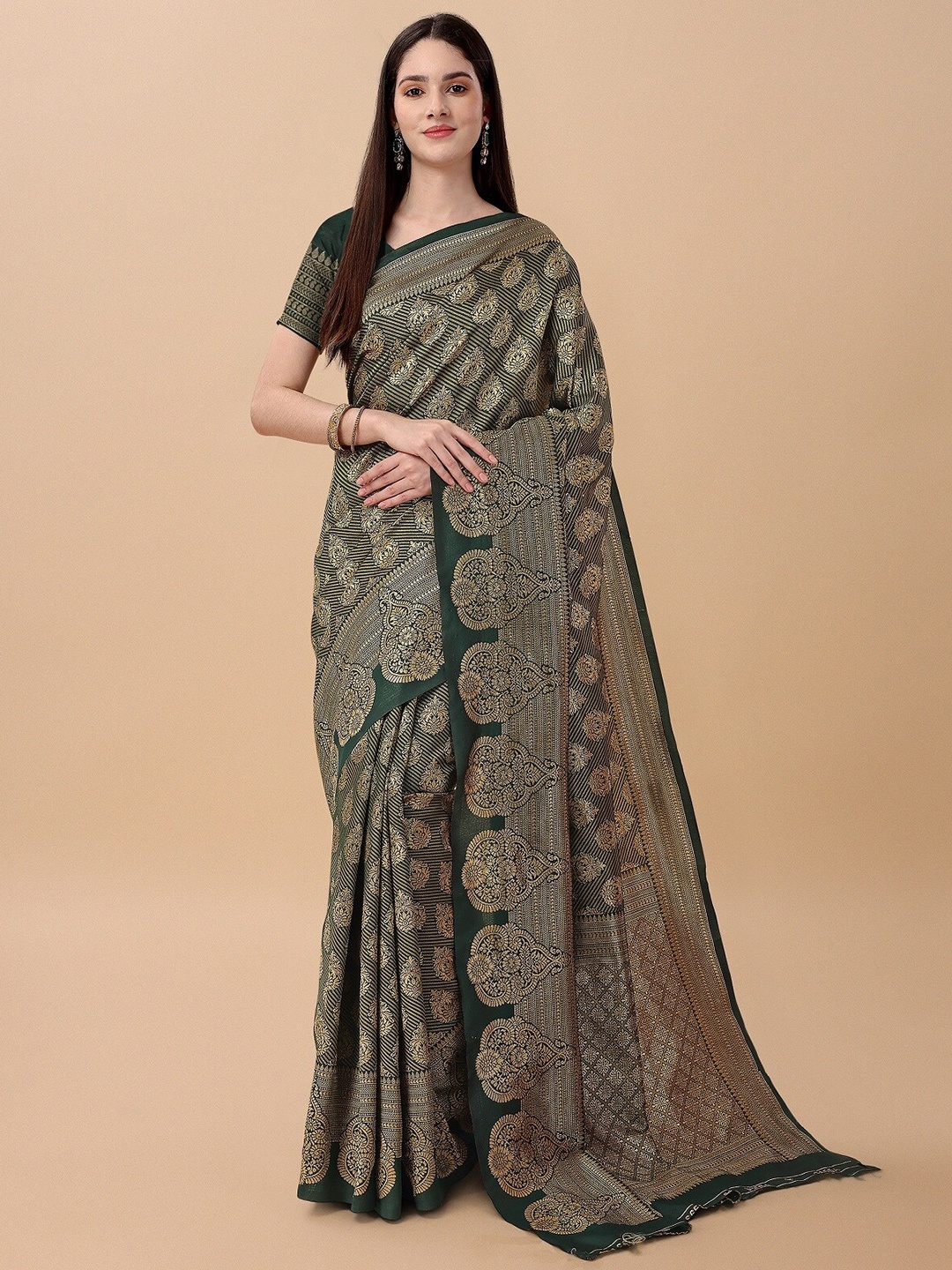 

ZIKARAA Woven Design Zari Pure Silk Banarasi Saree, Green
