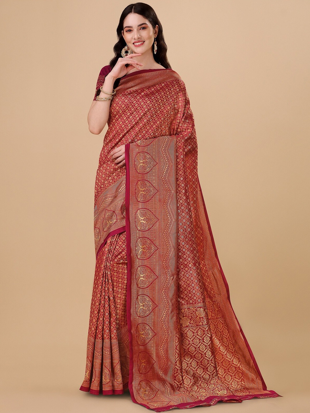 

ZIKARAA Ethnic Motifs Zari Pure Silk Banarasi Saree, Maroon