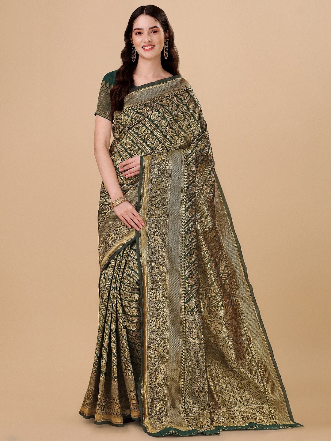 

ZIKARAA Woven Design Zari Pure Silk Banarasi Saree, Green