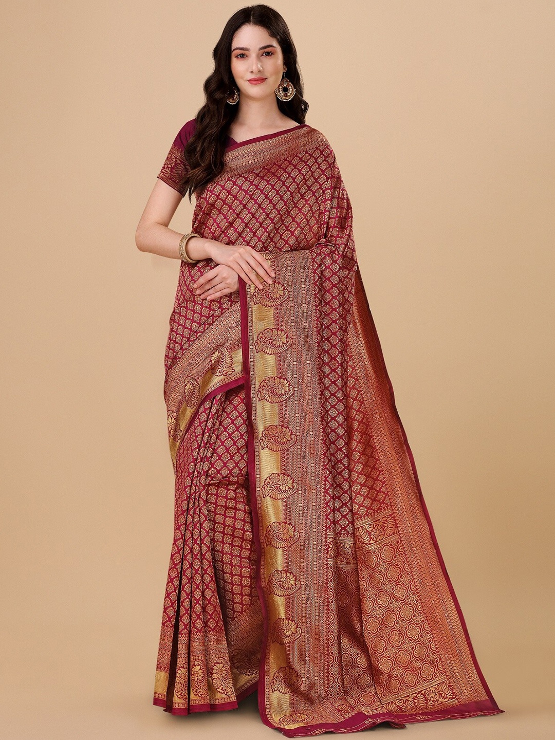 

ZIKARAA Ethnic Motifs Zari Pure Silk Banarasi Saree, Maroon