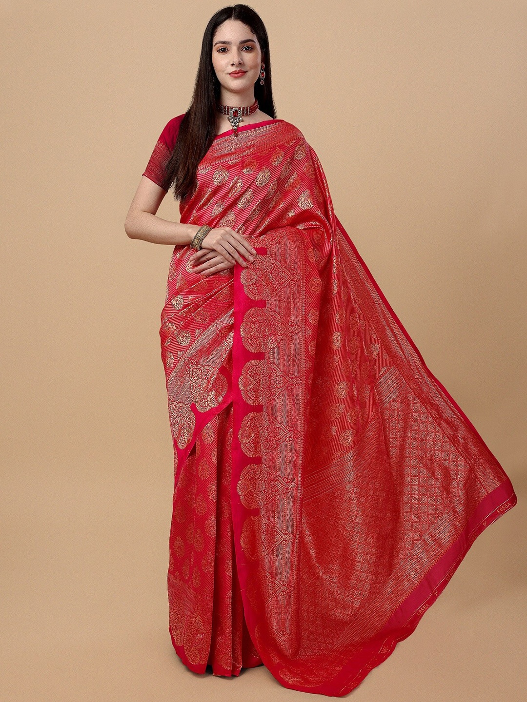 

ZIKARAA Woven Design Zari Pure Silk Banarasi Saree, Red
