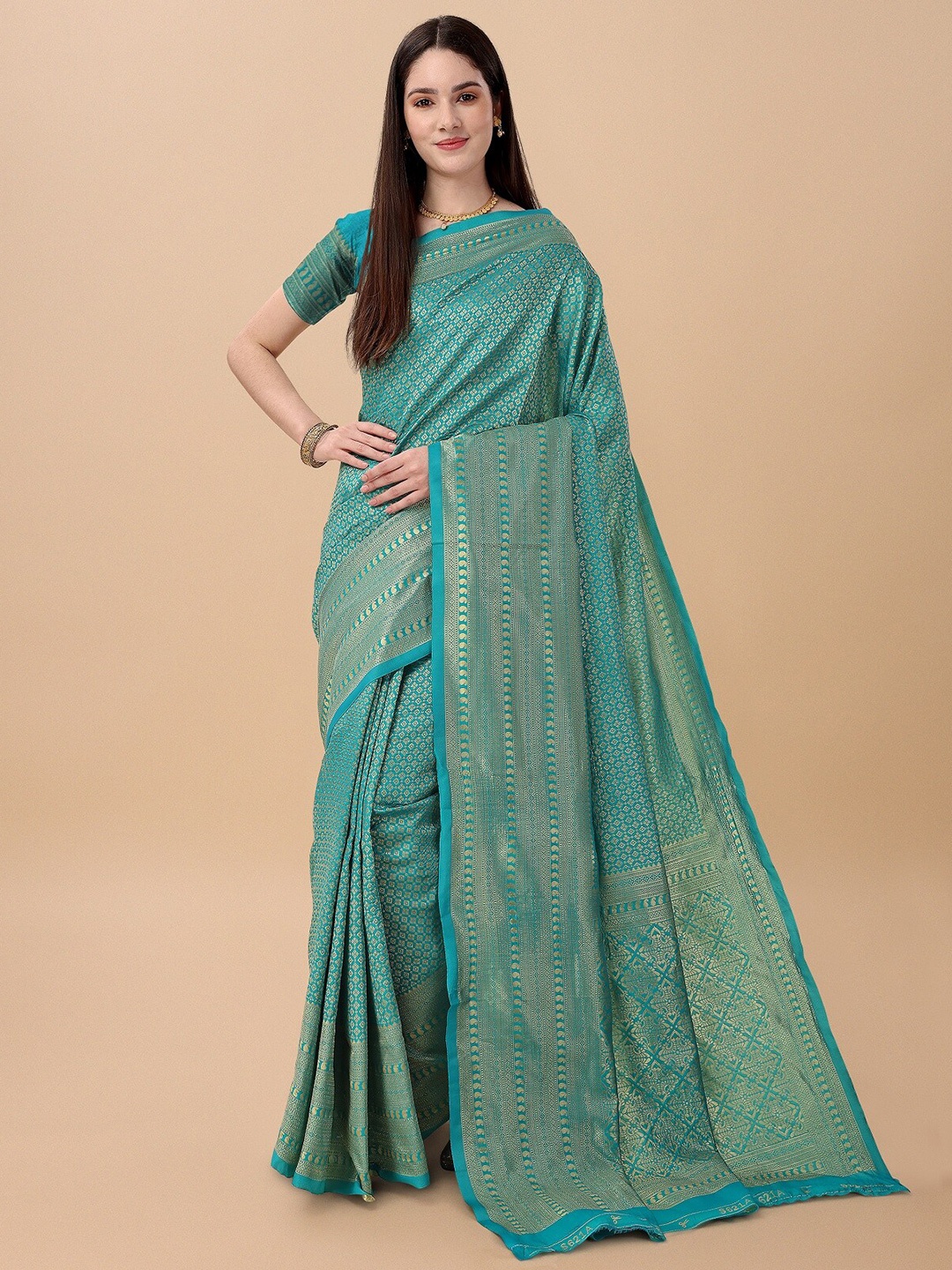 

ZIKARAA Woven Design Zari Pure Silk Banarasi Saree, Turquoise blue