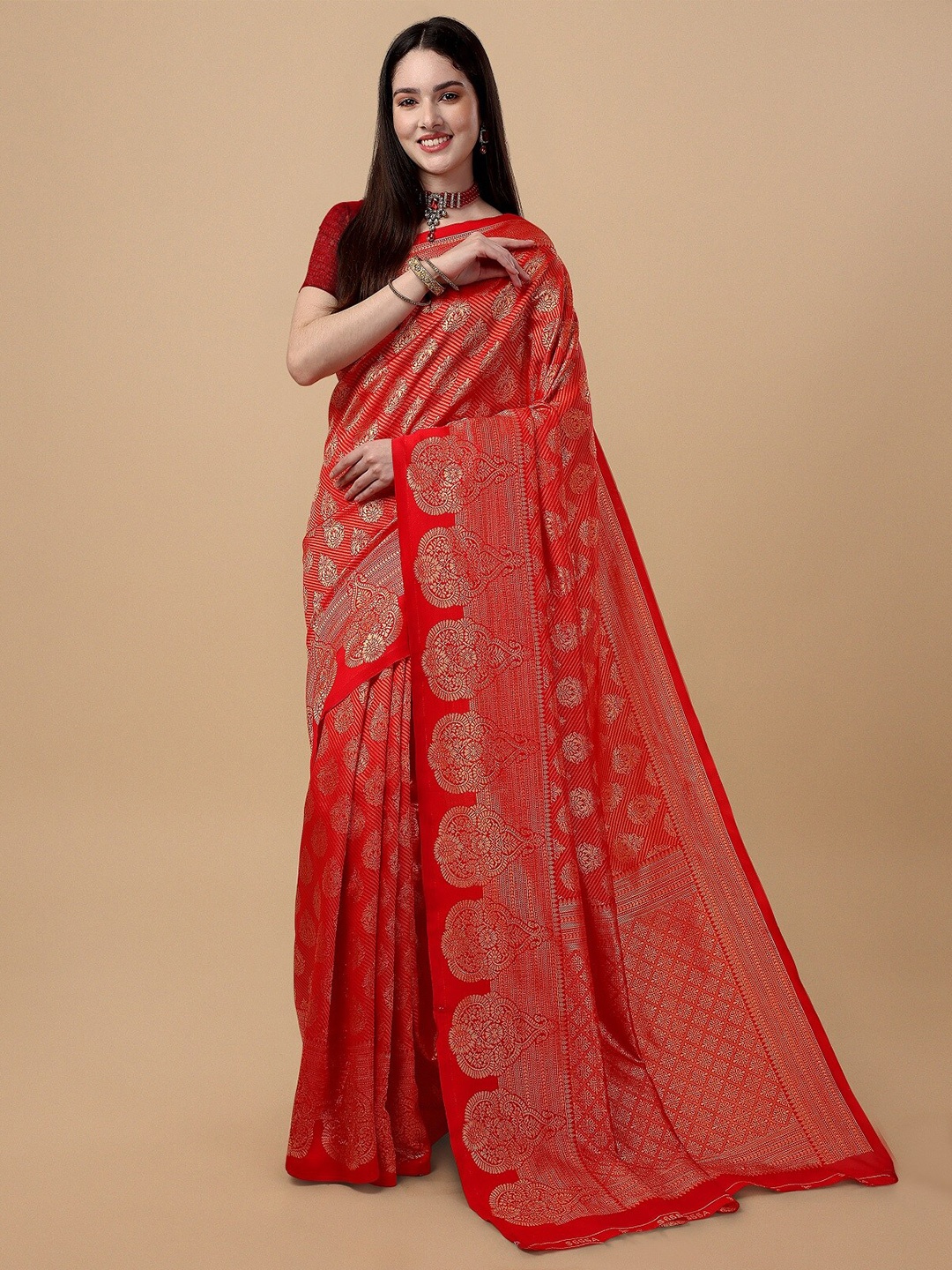 

ZIKARAA Ethnic Motifs Zari Pure Silk Banarasi Saree, Red